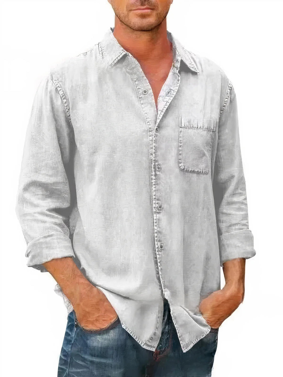 Chemise en jean homme manches longues, style décontracté, coloris bleu marine, tissu léger idéal pour l'été.