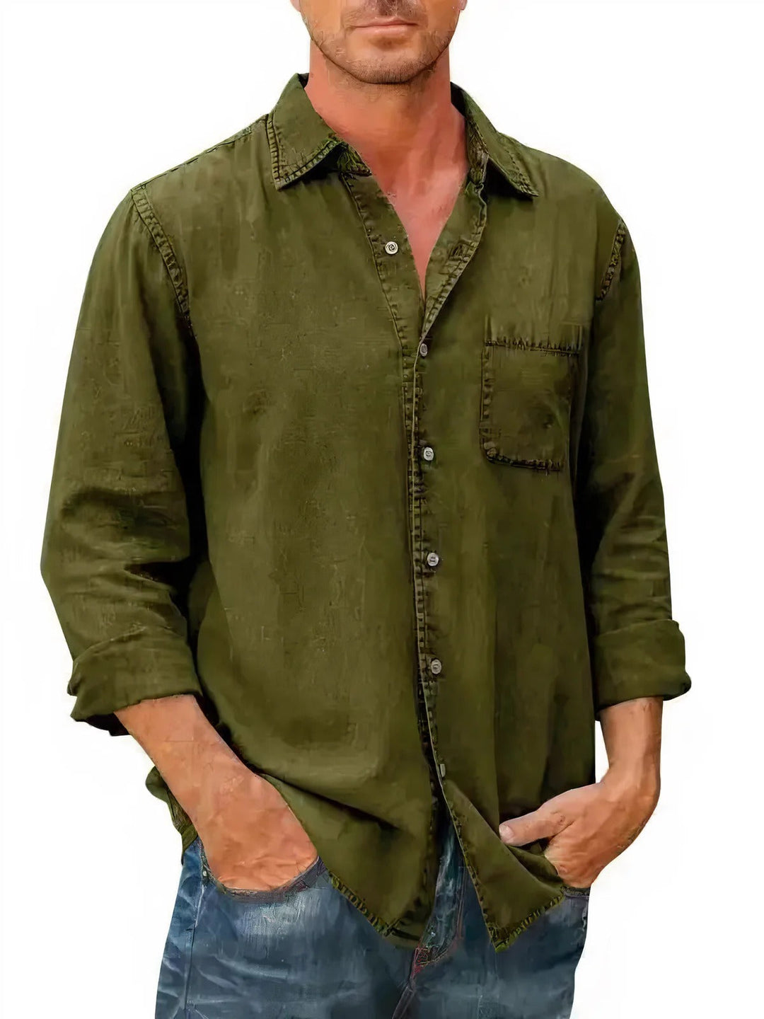 Chemise en jean homme manches longues, style décontracté, coloris bleu marine, tissu léger idéal pour l'été.