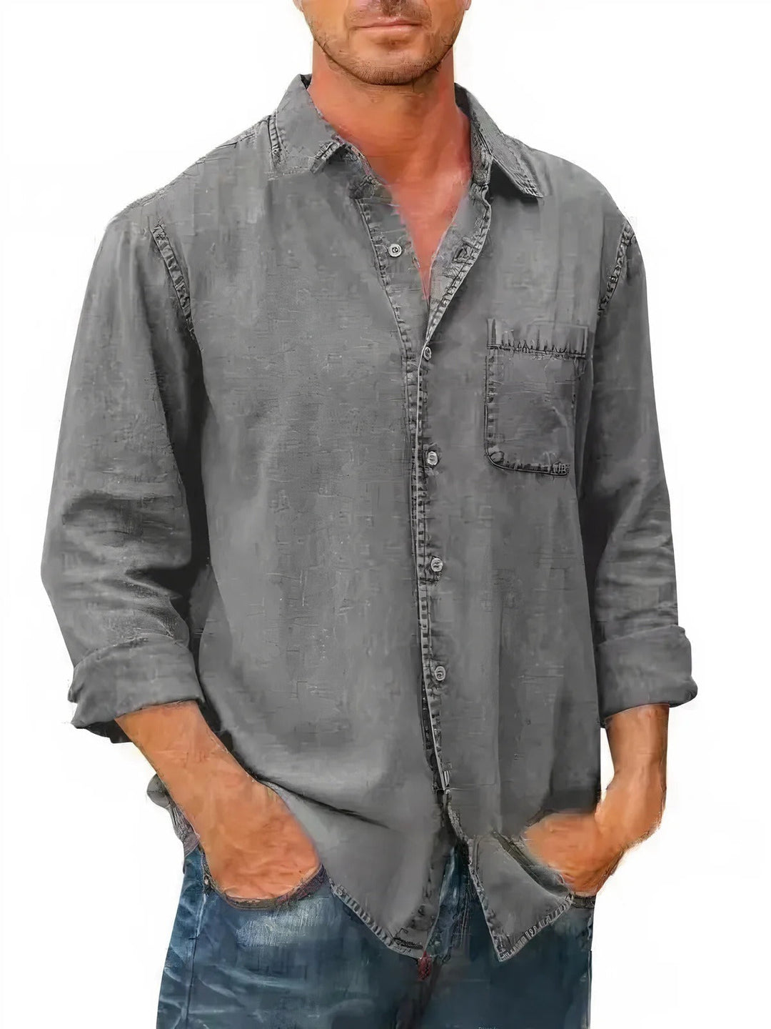 Chemise en jean homme manches longues, style décontracté, coloris bleu marine, tissu léger idéal pour l'été.