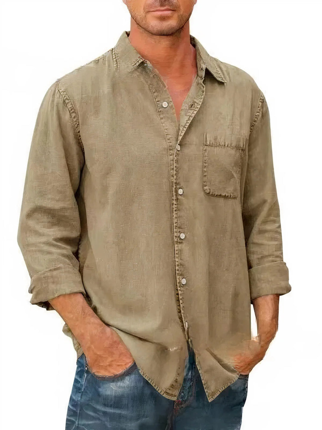 Chemise en jean homme manches longues, style décontracté, coloris bleu marine, tissu léger idéal pour l'été.