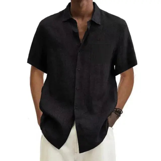 "Chemise en lin bio homme manches courtes, col pointu, légère, idéale pour l'été, style décontracté et chic."