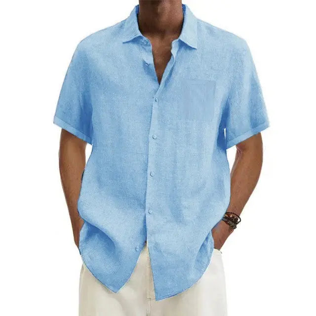 "Chemise en lin bio homme manches courtes, col pointu, légère, idéale pour l'été, style décontracté et chic."