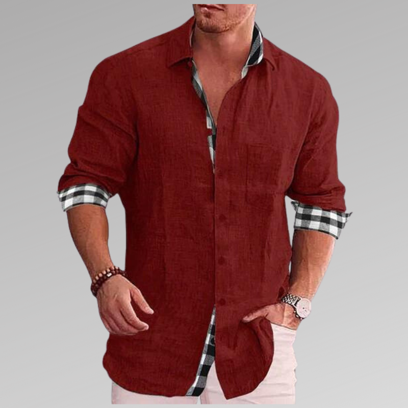 "Chemise en lin bleu clair pour homme, col et manchettes à carreaux, élégante et confortable pour l'été"