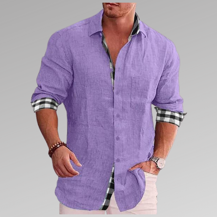 "Chemise en lin bleu clair pour homme, col et manchettes à carreaux, élégante et confortable pour l'été"