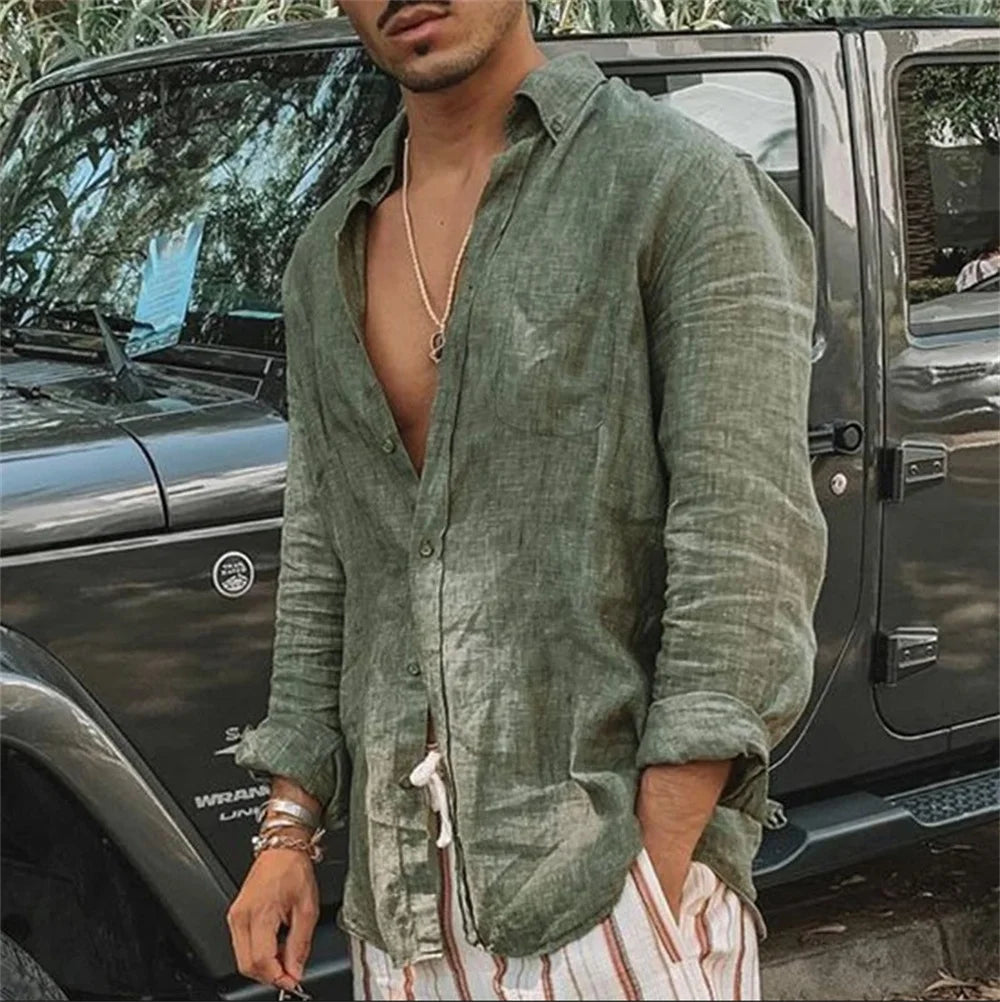 "Chemise en lin décontractée pour hommes, beige, manches longues, col classique, style élégant et respirant"
