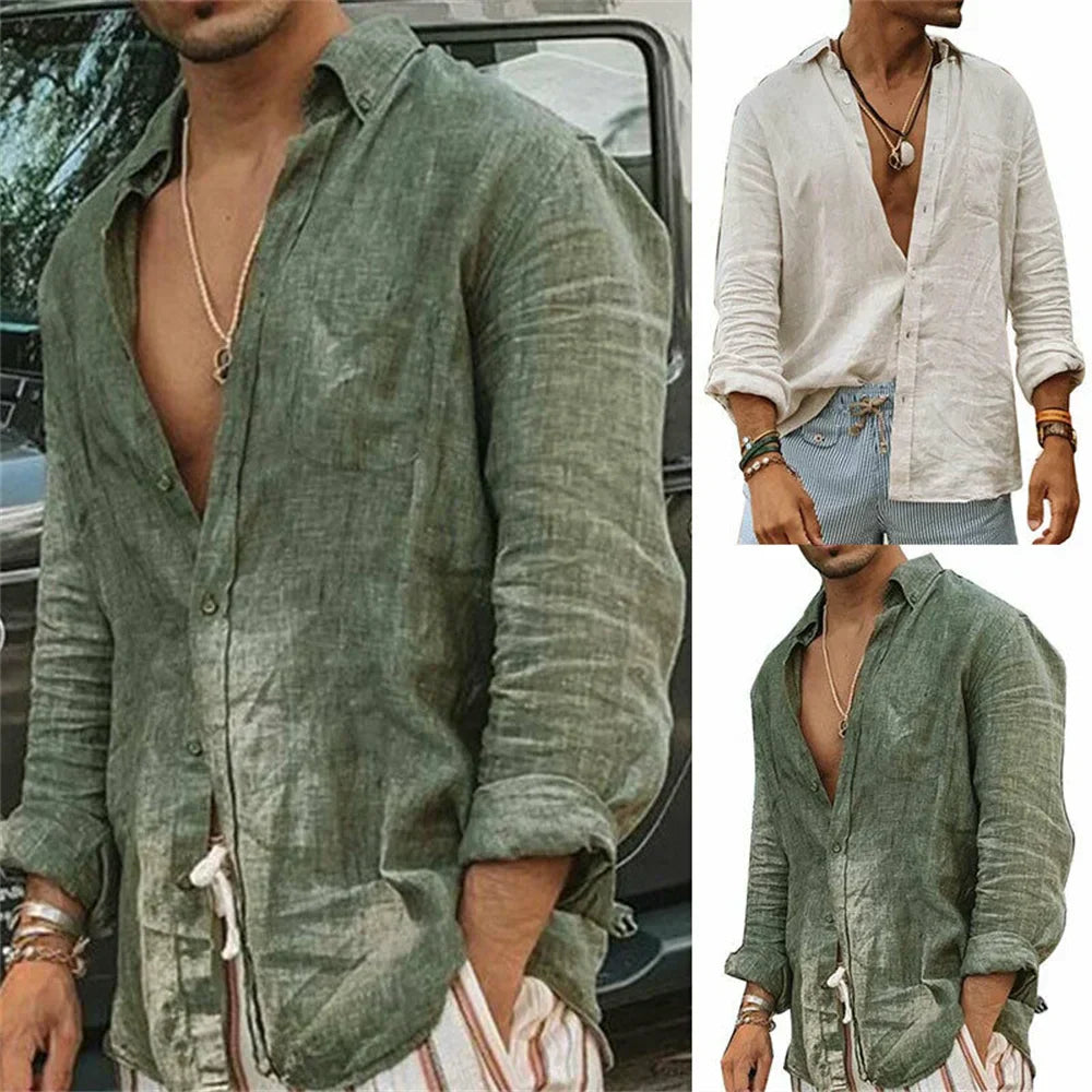 "Chemise en lin décontractée pour hommes, beige, manches longues, col classique, style élégant et respirant"
