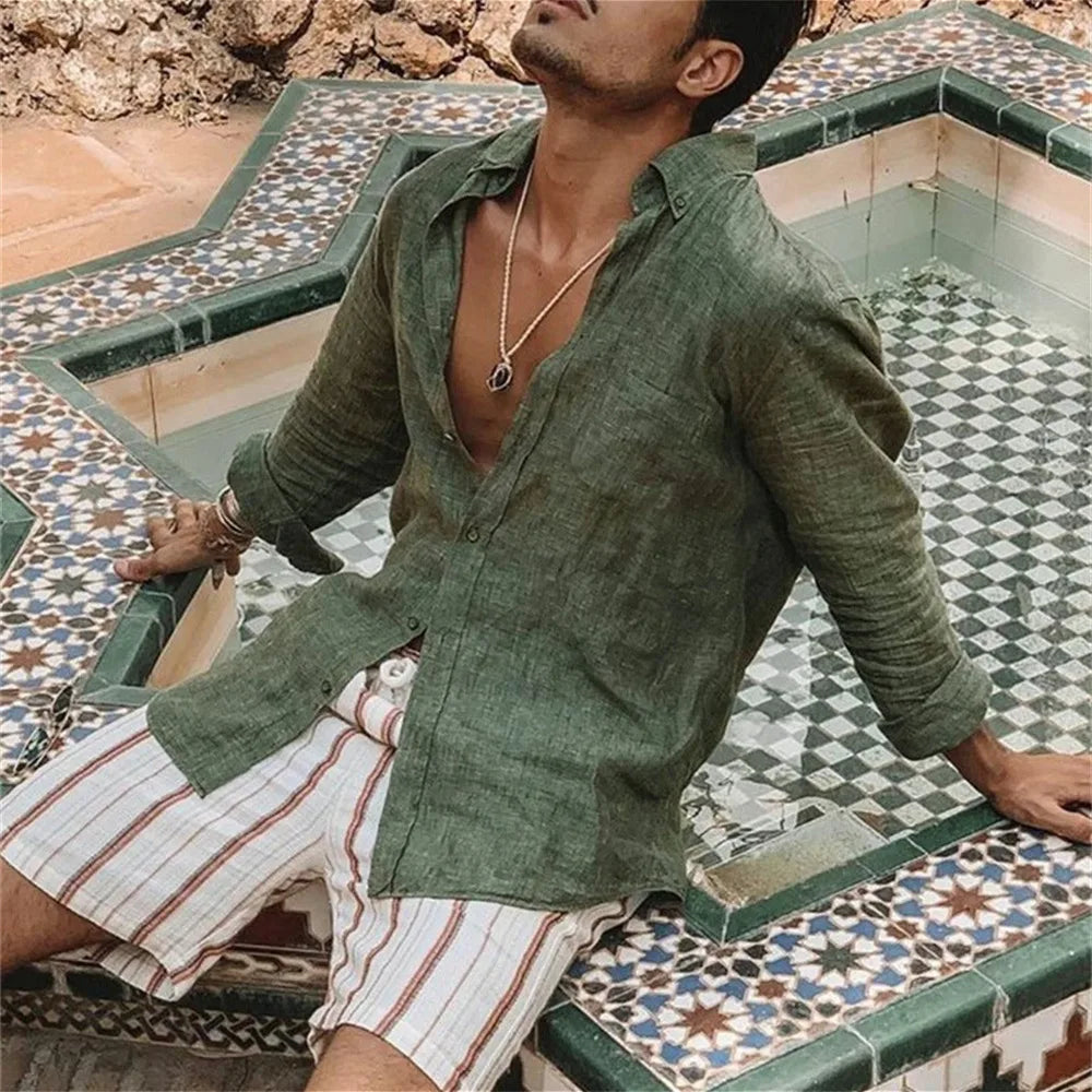 "Chemise en lin décontractée pour hommes, beige, manches longues, col classique, style élégant et respirant"