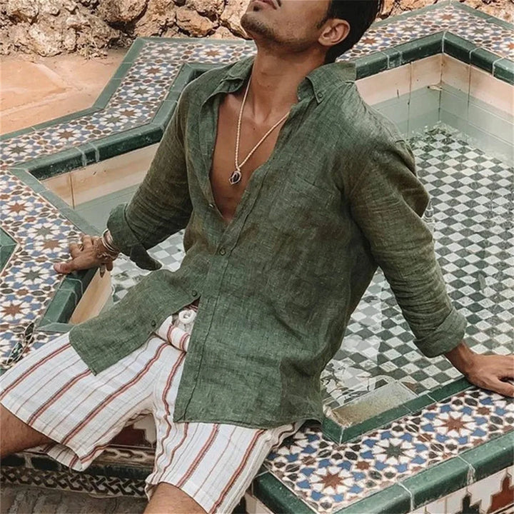 "Chemise en lin décontractée pour hommes, beige, manches longues, col classique, style élégant et respirant"