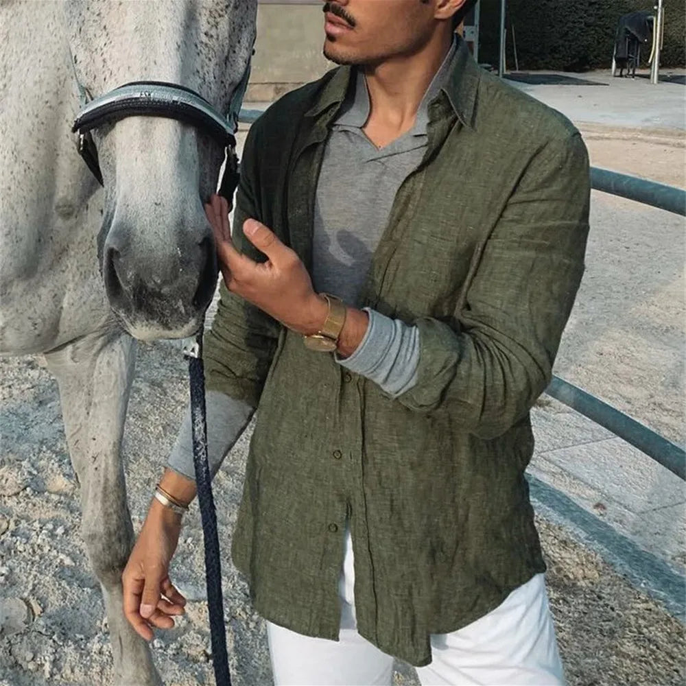"Chemise en lin décontractée pour hommes, beige, manches longues, col classique, style élégant et respirant"