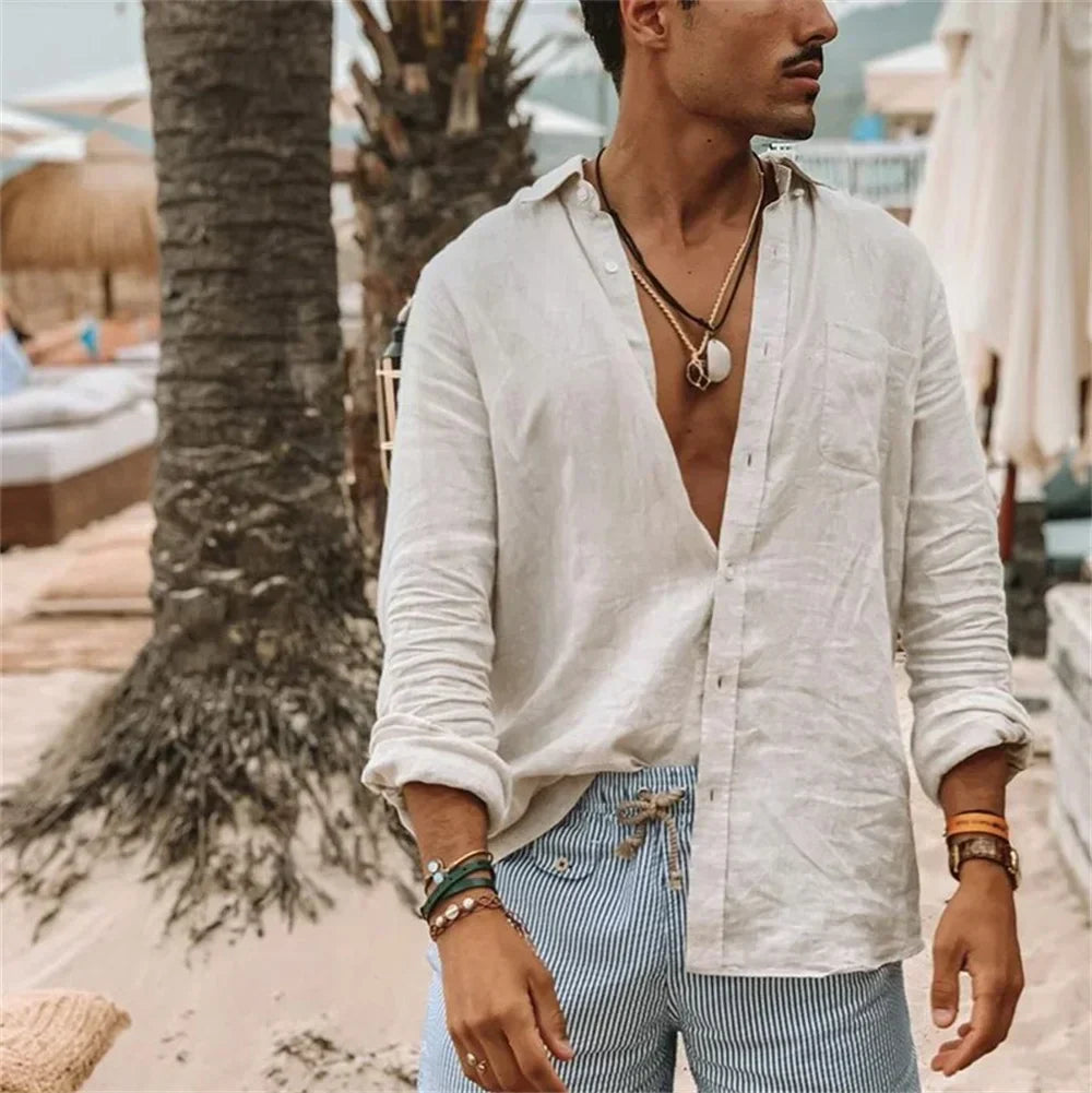 "Chemise en lin décontractée pour hommes, beige, manches longues, col classique, style élégant et respirant"