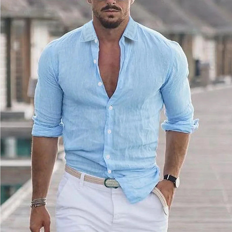 "Chemise en lin homme blanche respirante, manches longues, style décontracté pour élégance au quotidien."