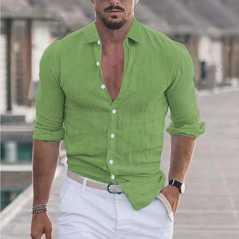 "Chemise en lin homme blanche respirante, manches longues, style décontracté pour élégance au quotidien."