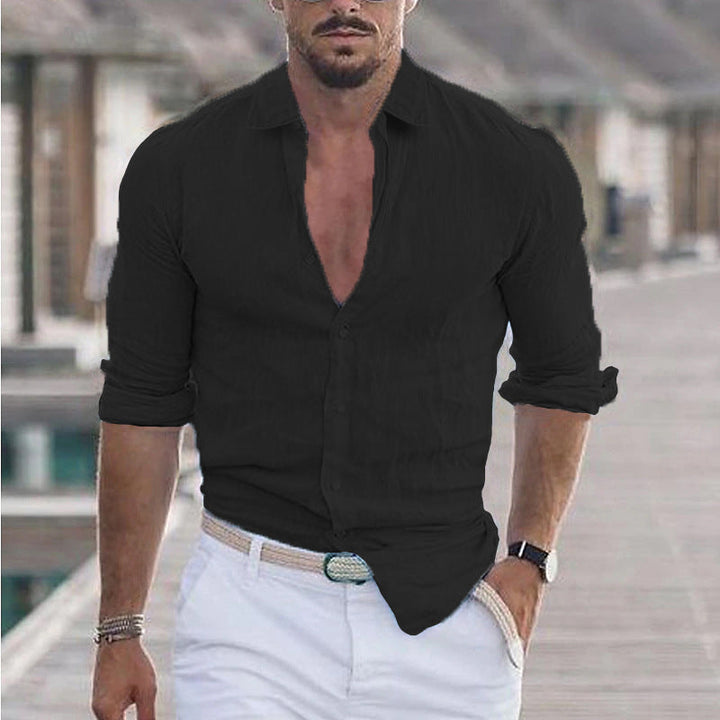 "Chemise en lin homme blanche respirante, manches longues, style décontracté pour élégance au quotidien."