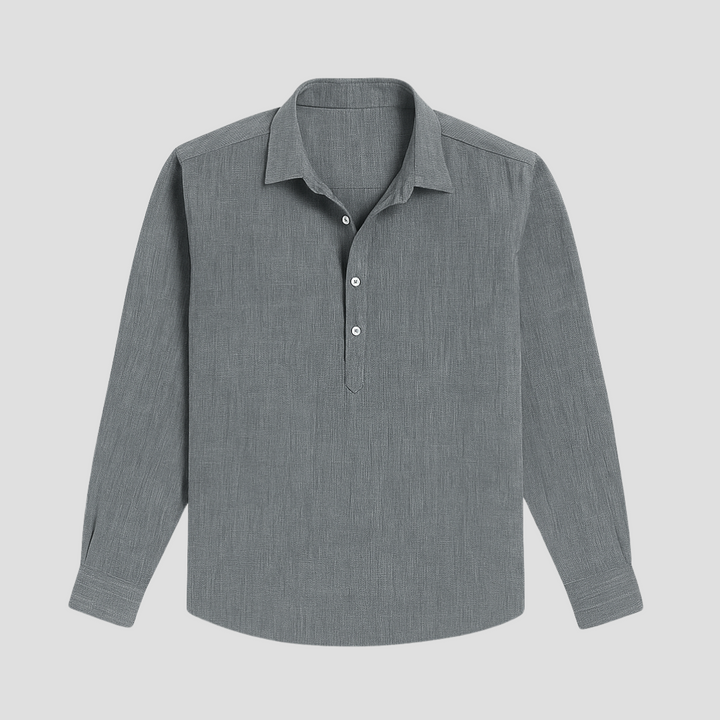 Chemise en lin homme coupe droite, col polo, manches courtes. Idéale pour l'été, look décontracté et élégant.
