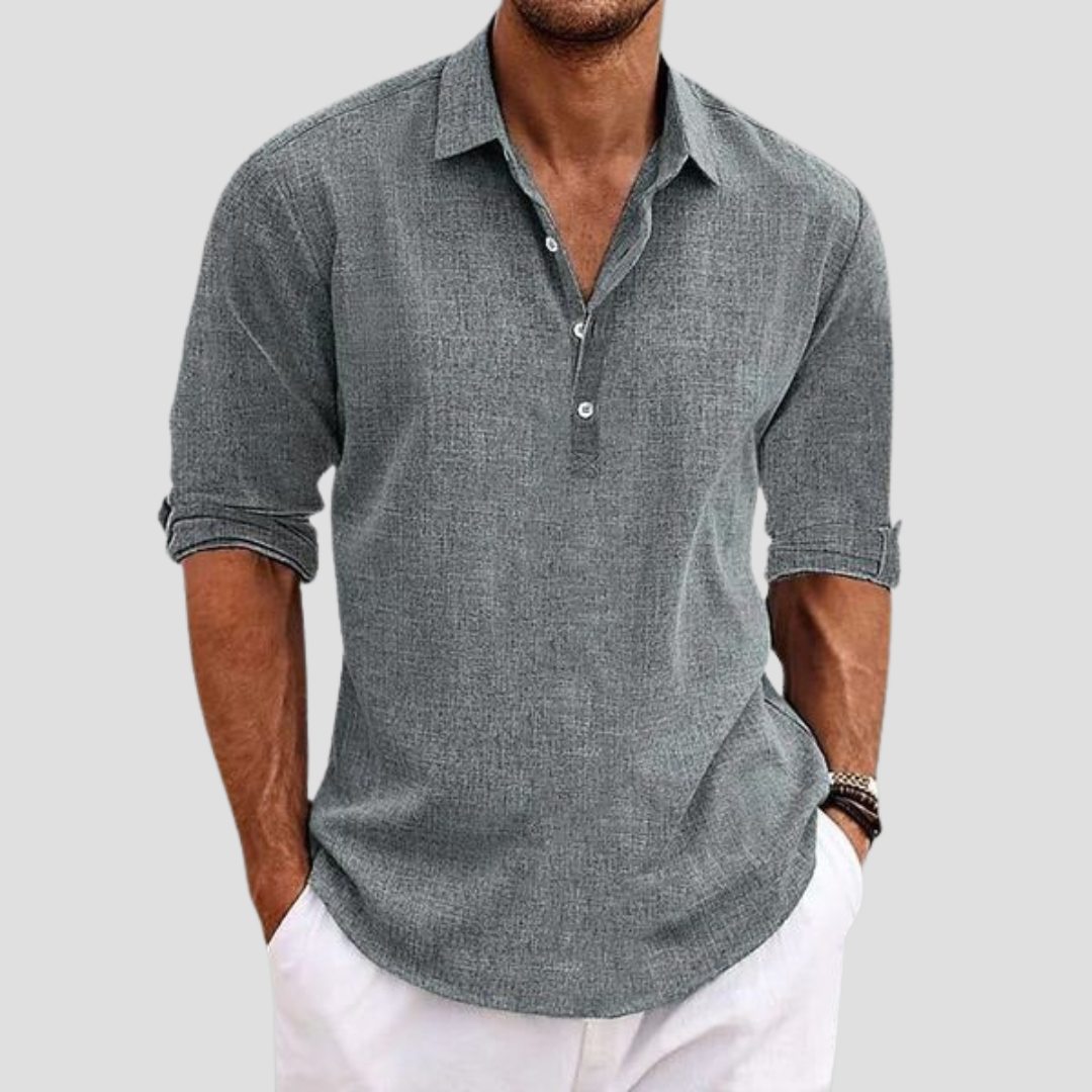 Chemise en lin homme coupe droite, col polo, manches courtes. Idéale pour l'été, look décontracté et élégant.