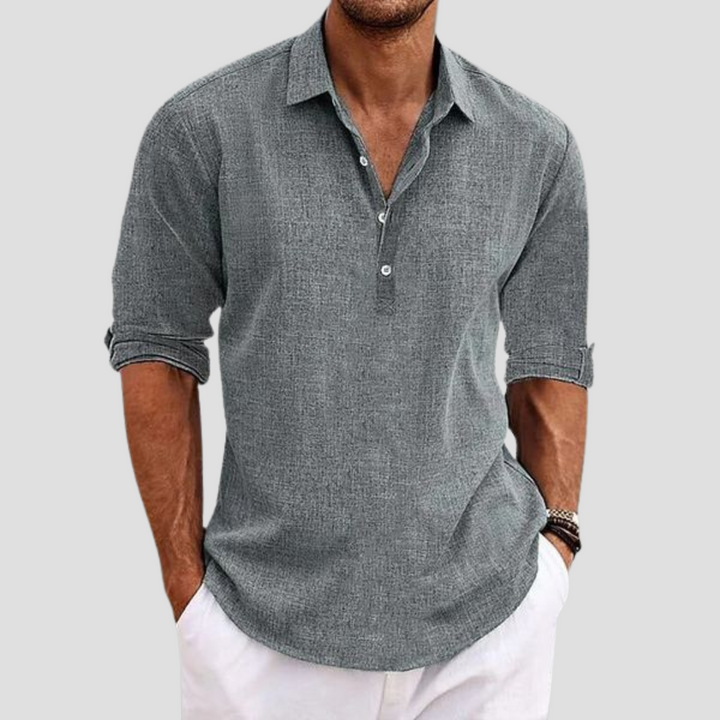 Chemise en lin homme coupe droite, col polo, manches courtes. Idéale pour l'été, look décontracté et élégant.