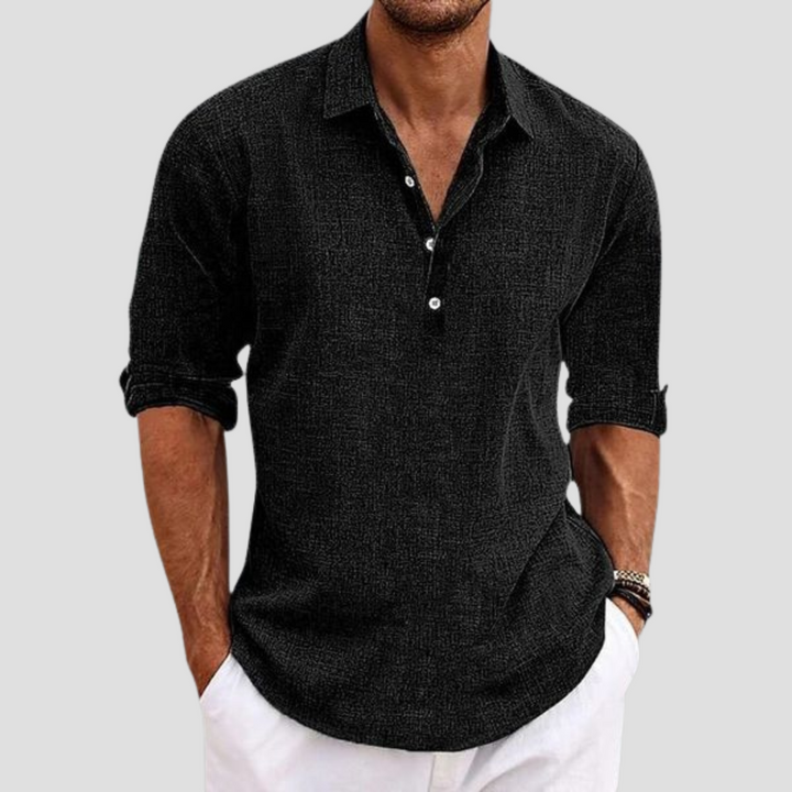 Chemise en lin homme coupe droite, col polo, manches courtes. Idéale pour l'été, look décontracté et élégant.
