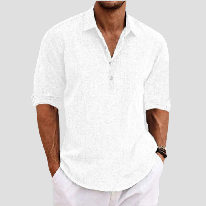 Chemise en lin homme coupe droite, col polo, manches courtes. Idéale pour l'été, look décontracté et élégant.