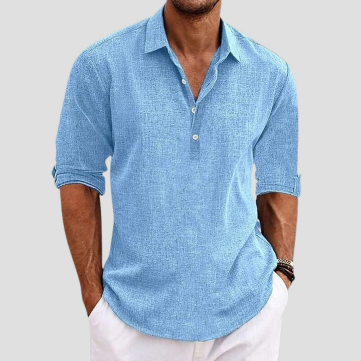 Chemise en lin homme coupe droite, col polo, manches courtes. Idéale pour l'été, look décontracté et élégant.