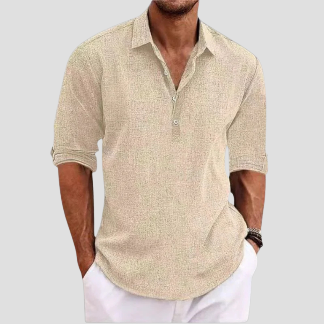 Chemise en lin homme coupe droite, col polo, manches courtes. Idéale pour l'été, look décontracté et élégant.