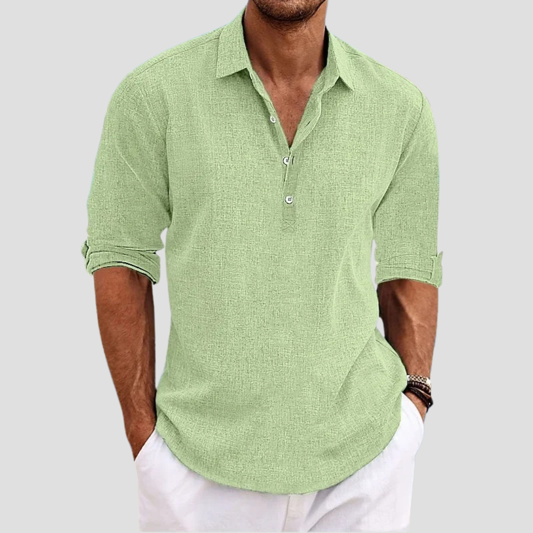 Chemise en lin homme coupe droite, col polo, manches courtes. Idéale pour l'été, look décontracté et élégant.