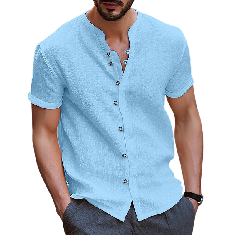 "Chemise en lin homme, coupe moderne, légère, couleur bleue, élégante pour l'été, confort respirant et style décontracté."