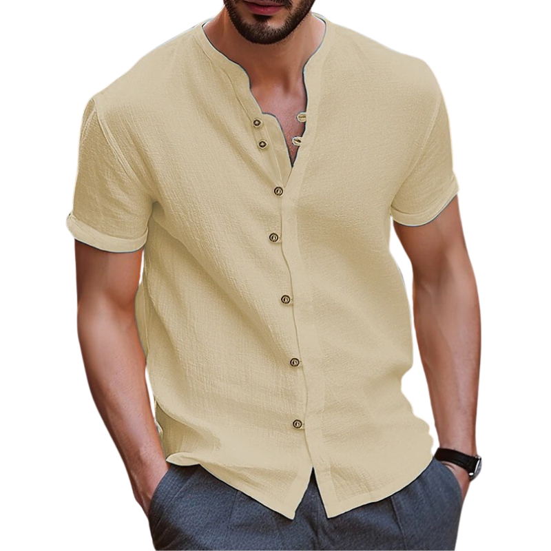 "Chemise en lin homme, coupe moderne, légère, couleur bleue, élégante pour l'été, confort respirant et style décontracté."