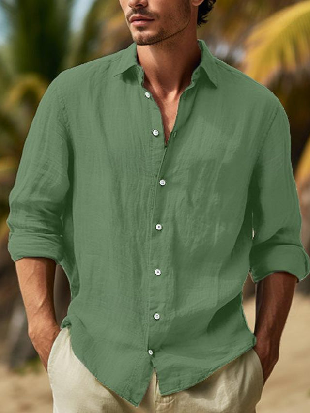 Chemise en lin homme, manches longues, élégante et confortable, couleur neutre, parfaite pour toutes occasions, vue de face.