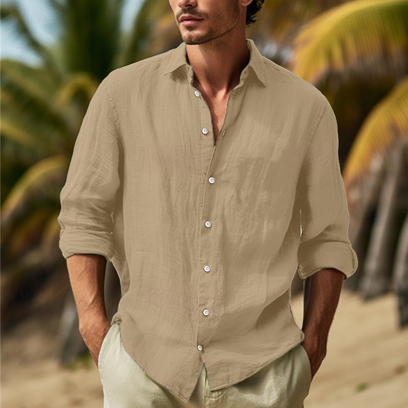 Chemise en lin homme, manches longues, élégante et confortable, couleur neutre, parfaite pour toutes occasions, vue de face.