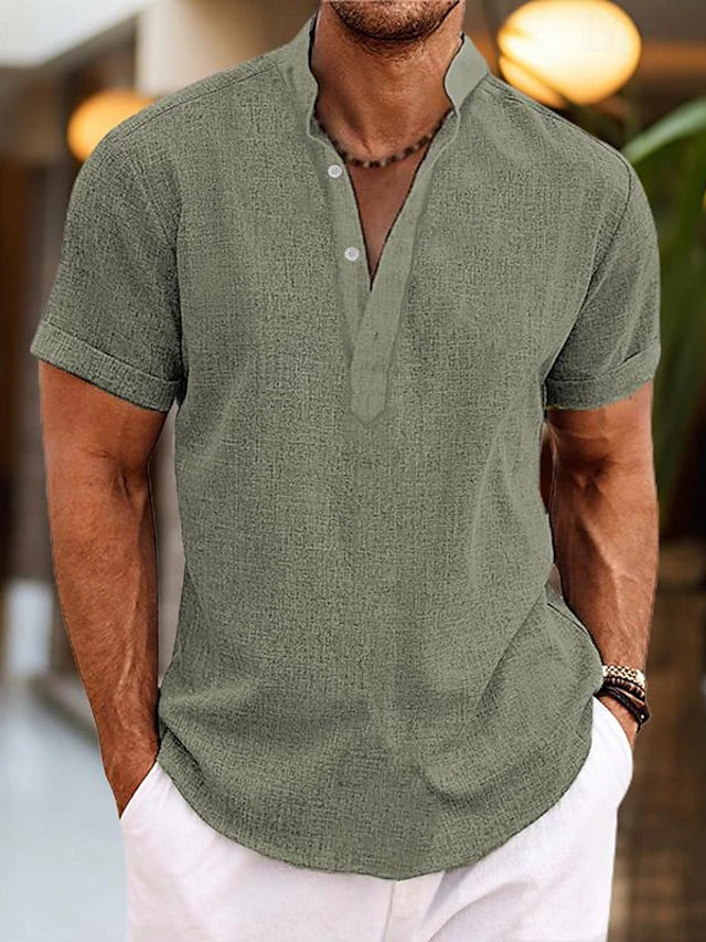 "Chemise en lin homme respirante col Henley, manches courtes, coloris variés, idéale pour été, style décontracté"