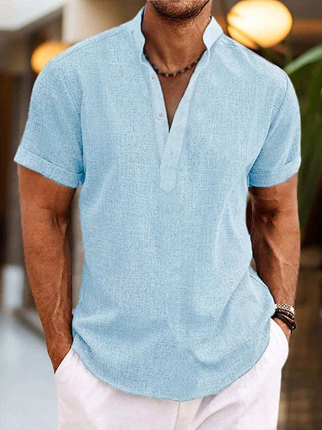 "Chemise en lin homme respirante col Henley, manches courtes, coloris variés, idéale pour été, style décontracté"