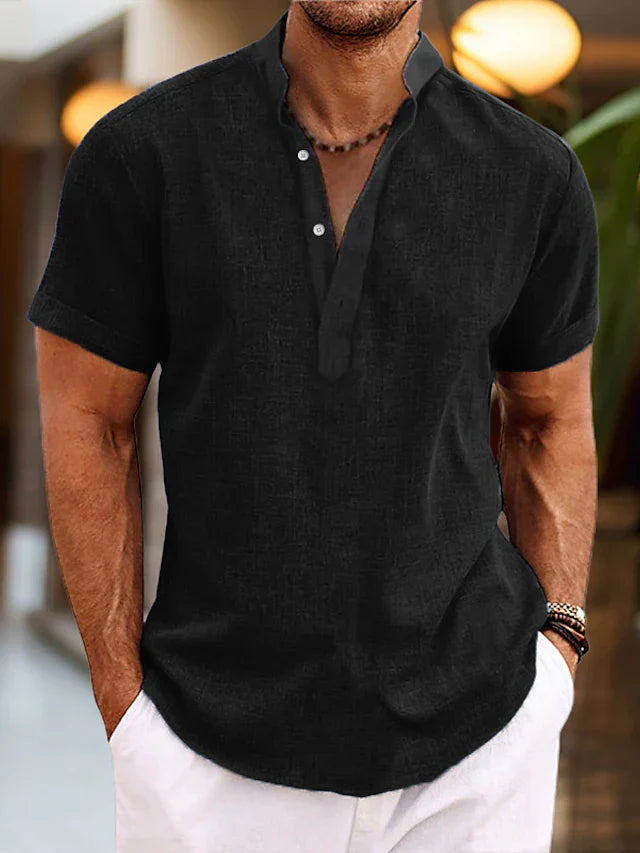 "Chemise en lin homme respirante col Henley, manches courtes, coloris variés, idéale pour été, style décontracté"
