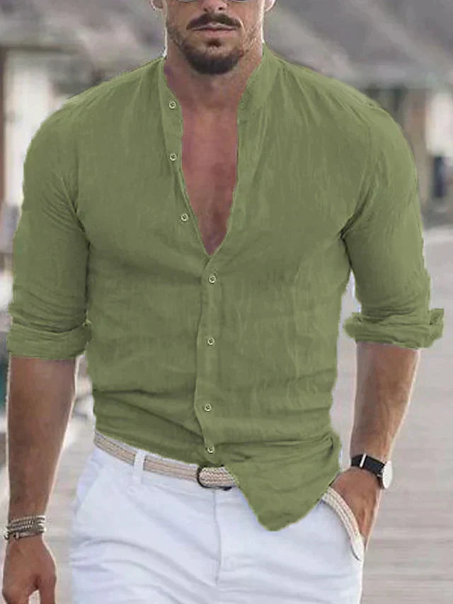 "Chemise en lin légère pour homme, coupe décontractée, boutonnière élégante, parfaite pour un style casual chic."