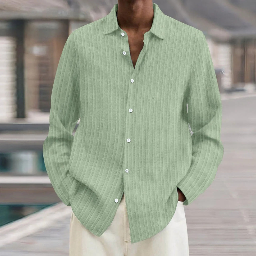 "Chemise en lin noire élégante pour homme, manches longues, style moderne, disponible en plusieurs couleurs"
