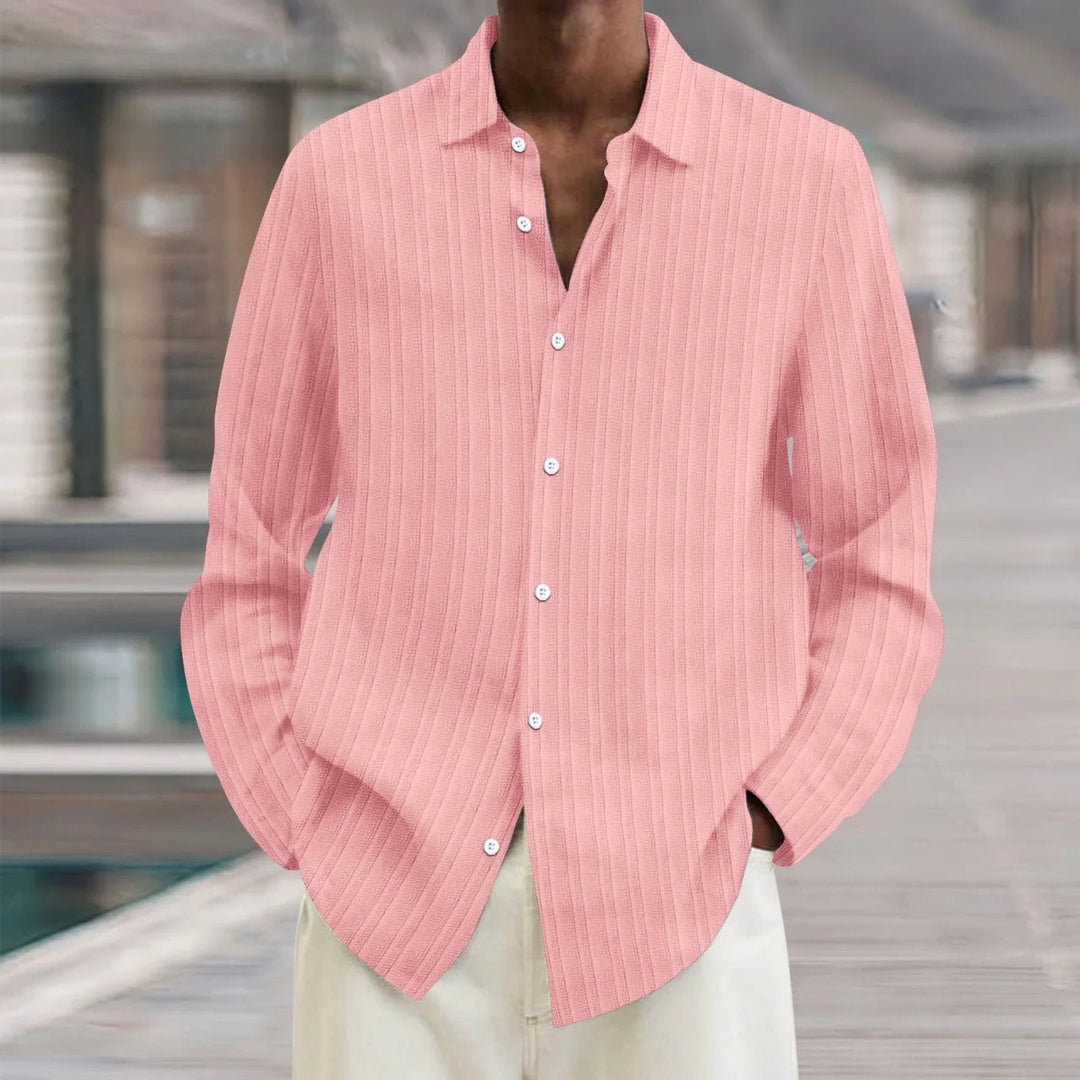 "Chemise en lin noire élégante pour homme, manches longues, style moderne, disponible en plusieurs couleurs"