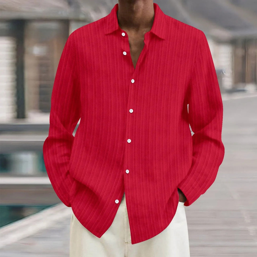 "Chemise en lin noire élégante pour homme, manches longues, style moderne, disponible en plusieurs couleurs"