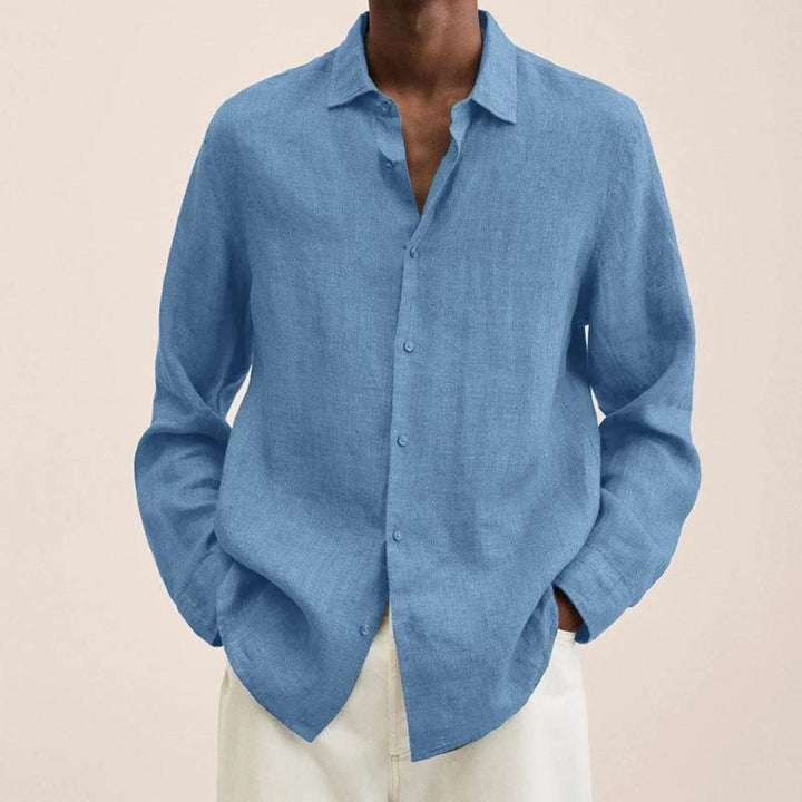 "Chemise en lin pour homme, élégante et respirante, col structuré, boutons intégrés, coupe classique, idéale pour tous styles