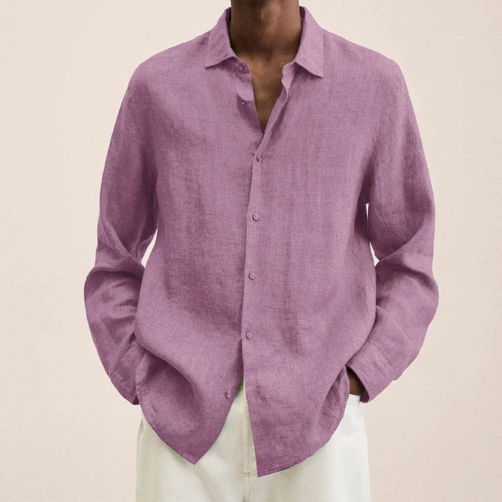 "Chemise en lin pour homme, élégante et respirante, col structuré, boutons intégrés, coupe classique, idéale pour tous styles
