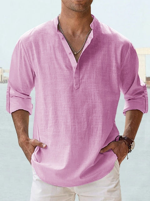 Chemise en lin pour hommes, légère et respirante, col Henley, coupe slim, boutons élégants, idéale style décontracté.
