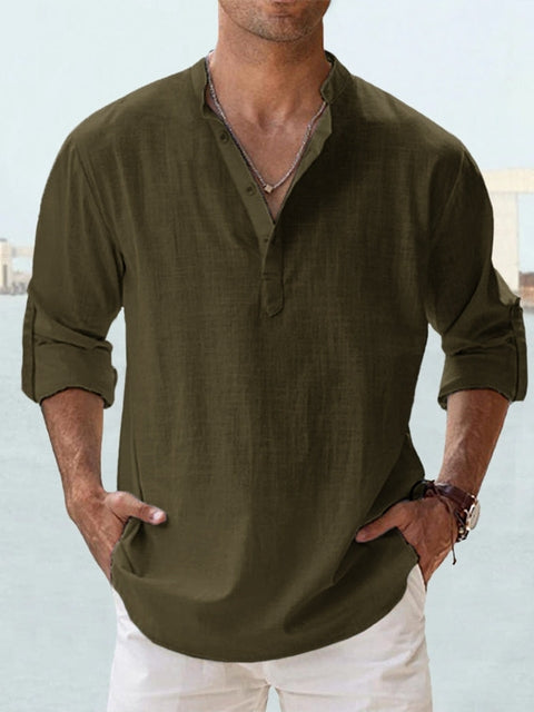 Chemise en lin pour hommes, légère et respirante, col Henley, coupe slim, boutons élégants, idéale style décontracté.