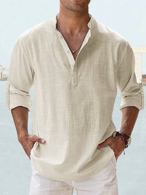 Chemise en lin pour hommes, légère et respirante, col Henley, coupe slim, boutons élégants, idéale style décontracté.