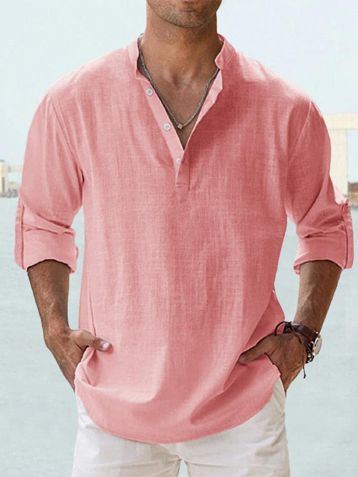 Chemise en lin pour hommes, légère et respirante, col Henley, coupe slim, boutons élégants, idéale style décontracté.