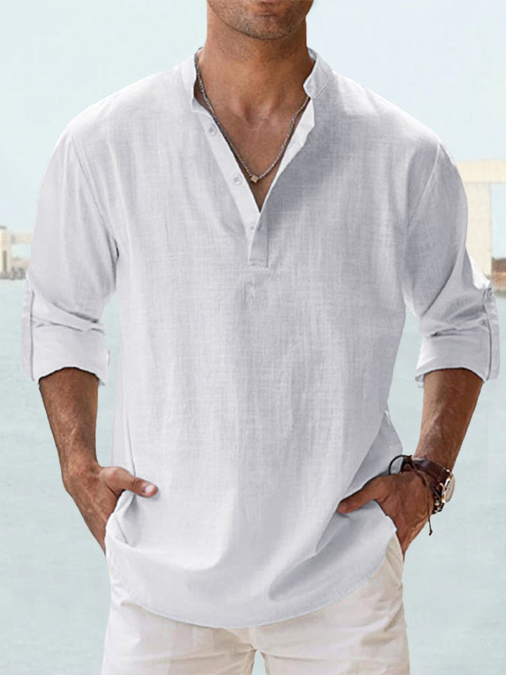 Chemise en lin pour hommes, légère et respirante, col Henley, coupe slim, boutons élégants, idéale style décontracté.