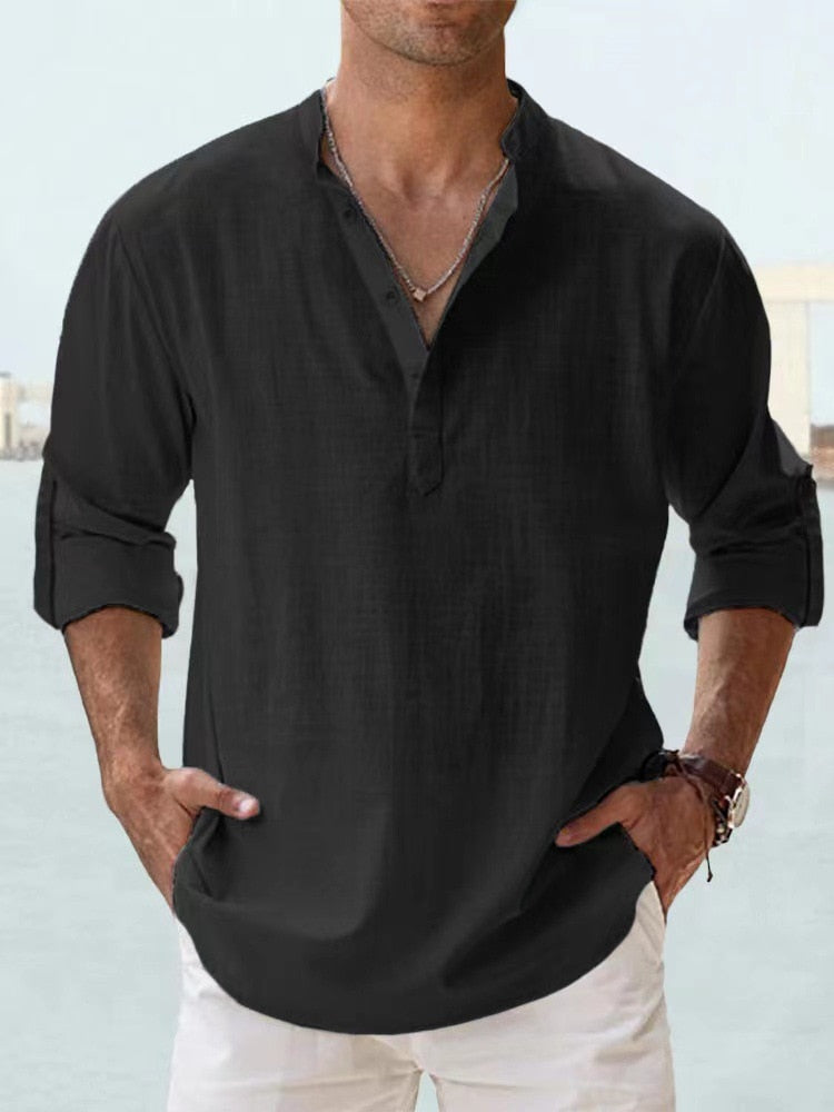 Chemise en lin pour hommes, légère et respirante, col Henley, coupe slim, boutons élégants, idéale style décontracté.
