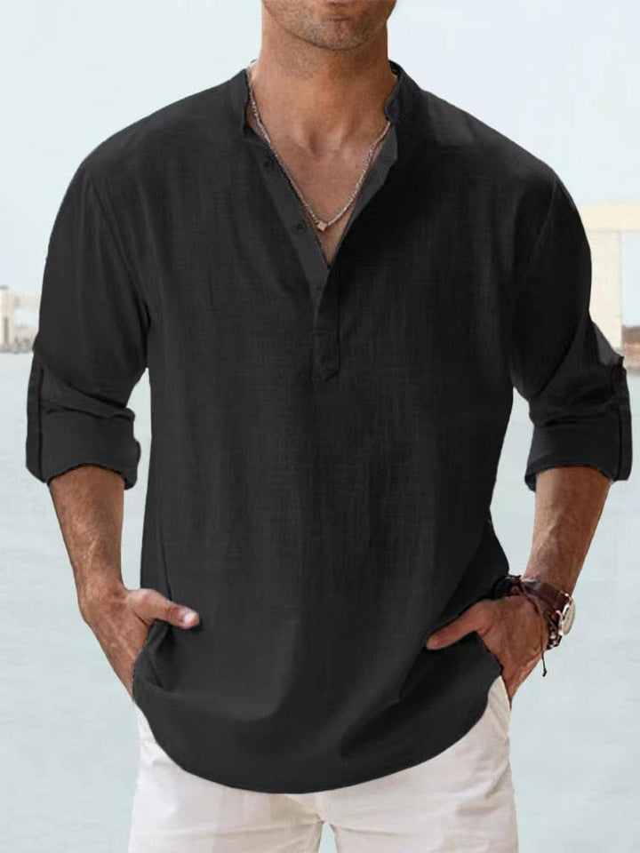Chemise en lin pour hommes, légère et respirante, col Henley, coupe slim, boutons élégants, idéale style décontracté.