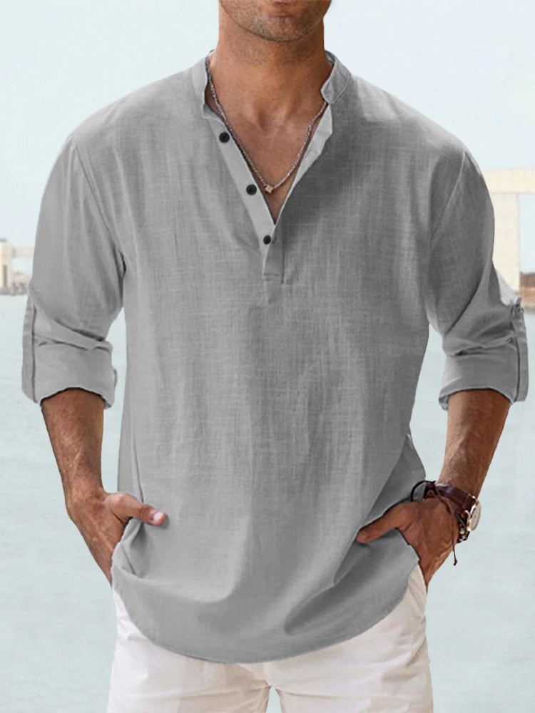 Chemise en lin pour hommes, légère et respirante, col Henley, coupe slim, boutons élégants, idéale style décontracté.