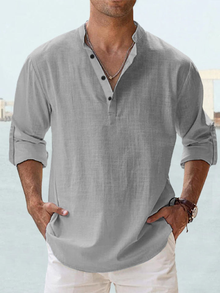Chemise en lin pour hommes, légère et respirante, col Henley, coupe slim, boutons élégants, idéale style décontracté.