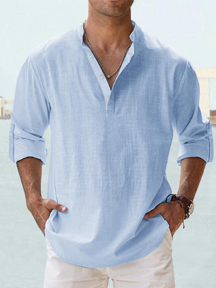 Chemise en lin pour hommes, légère et respirante, col Henley, coupe slim, boutons élégants, idéale style décontracté.