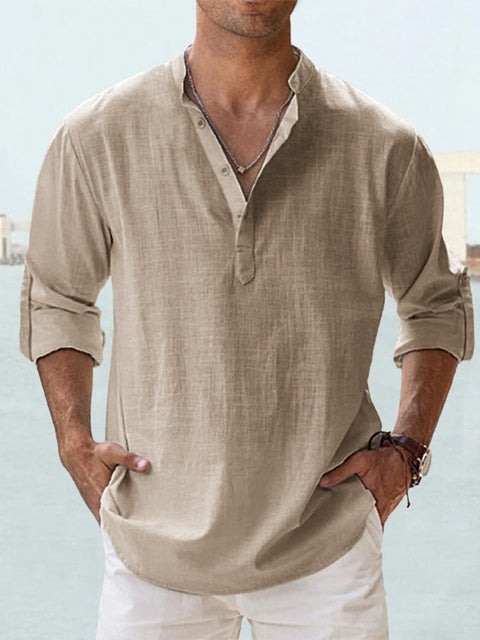 Chemise en lin pour hommes, légère et respirante, col Henley, coupe slim, boutons élégants, idéale style décontracté.