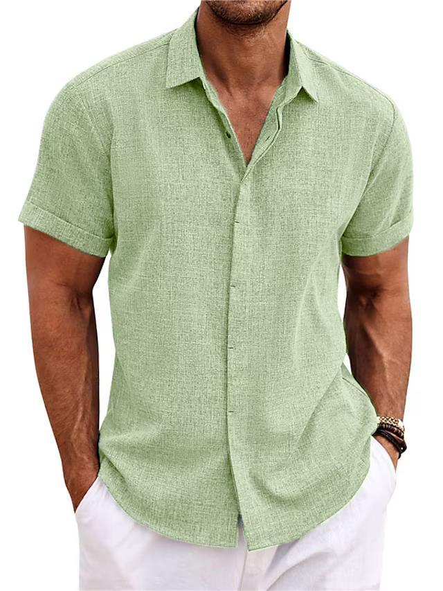 Chemise en lin pour hommes, manches courtes, coupe décontractée, couleur claire, idéale pour l'été et les occasions informell